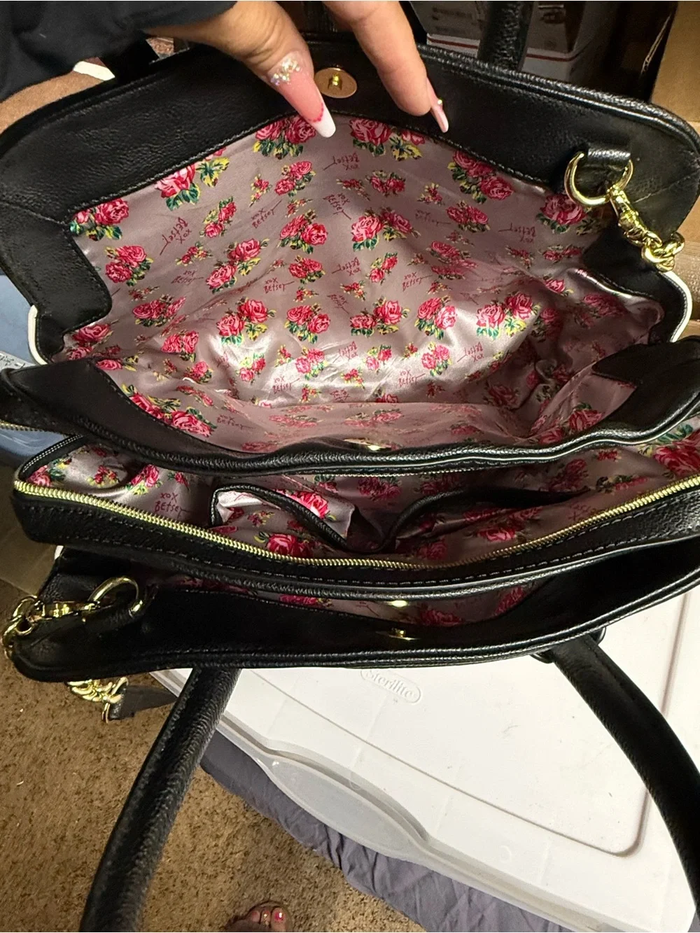 Betsy Johnson Quilted Rose-Pattern Satchel Bag in Light Pink and Black